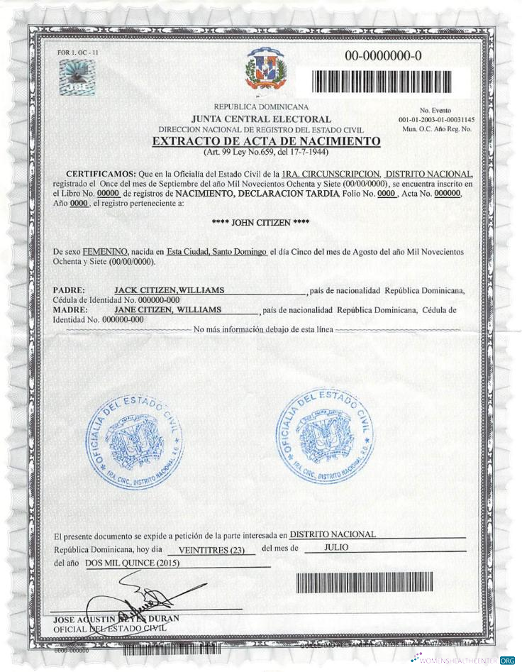 Download DOMINICANA birth certificate Photoshop template